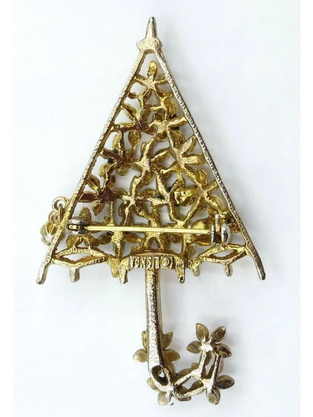 Lisner Umbrella Brooch, Rhinestone Dangle Red White Blue Enamel Flowers Pin, A16
